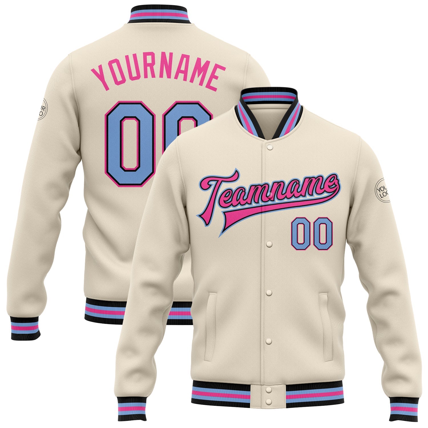 Custom Cream Light Blue Black-Pink Bomber Full-Snap Varsity Letterman Jacket - Main View