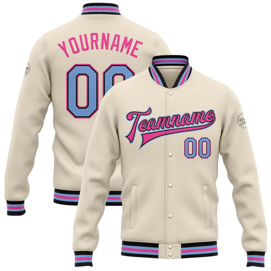 Custom Cream Light Blue Black-Pink Bomber Full-Snap Varsity Letterman Jacket - Main View