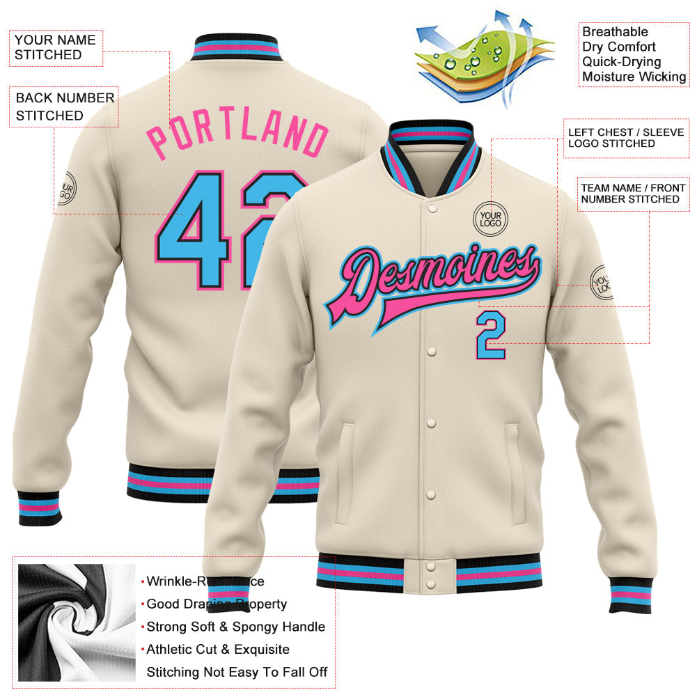 Custom Cream Sky Blue Black-Pink Bomber Full-Snap Varsity Letterman Jacket view 5