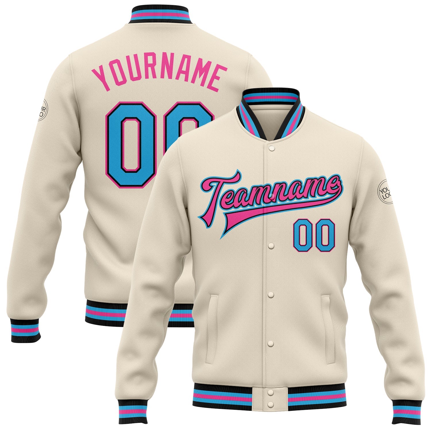 Custom Cream Sky Blue Black-Pink Bomber Full-Snap Varsity Letterman Jacket - Main View