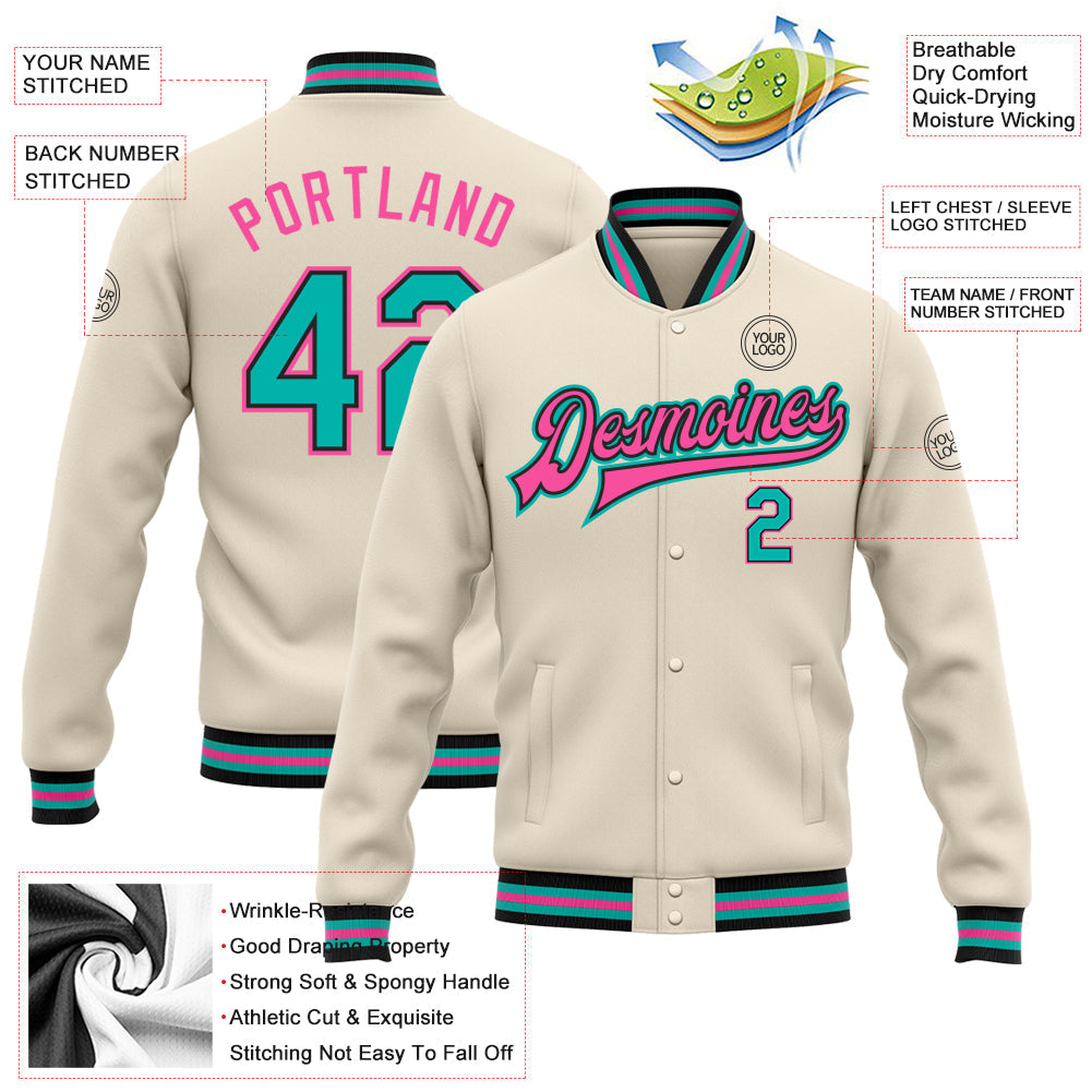 Custom Cream Aqua Black-Pink Bomber Full-Snap Varsity Letterman Jacket view 5
