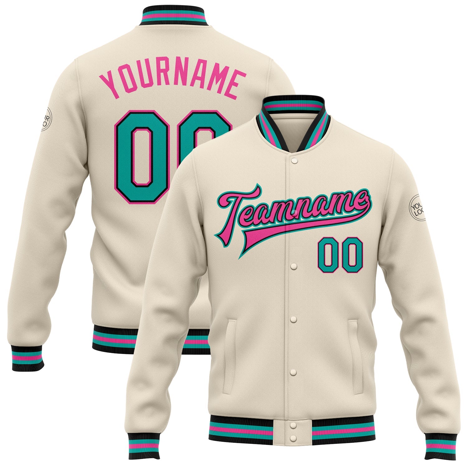 Custom Cream Aqua Black-Pink Bomber Full-Snap Varsity Letterman Jacket - Main View