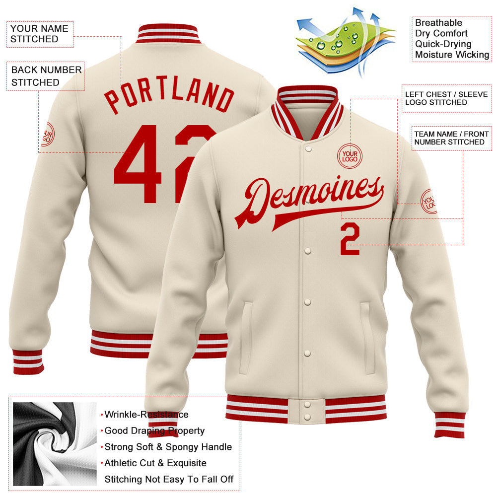 Custom Cream Red-White Bomber Full-Snap Varsity Letterman Jacket view 5