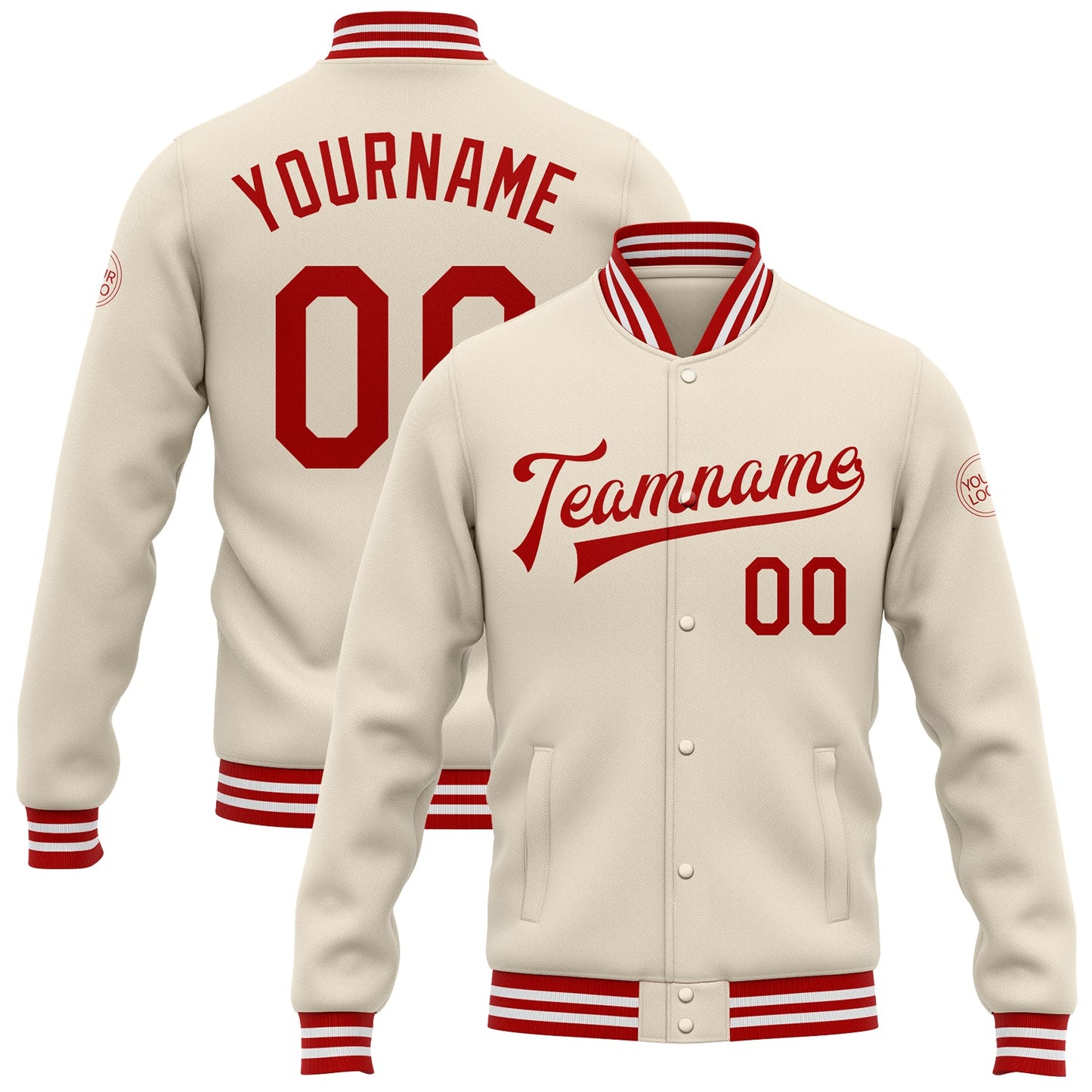 Custom Cream Red-White Bomber Full-Snap Varsity Letterman Jacket - Main View