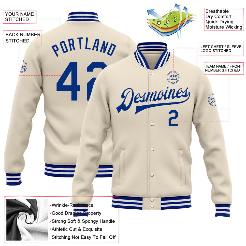 Custom Cream Royal-White Bomber Full-Snap Varsity Letterman Jacket view 5