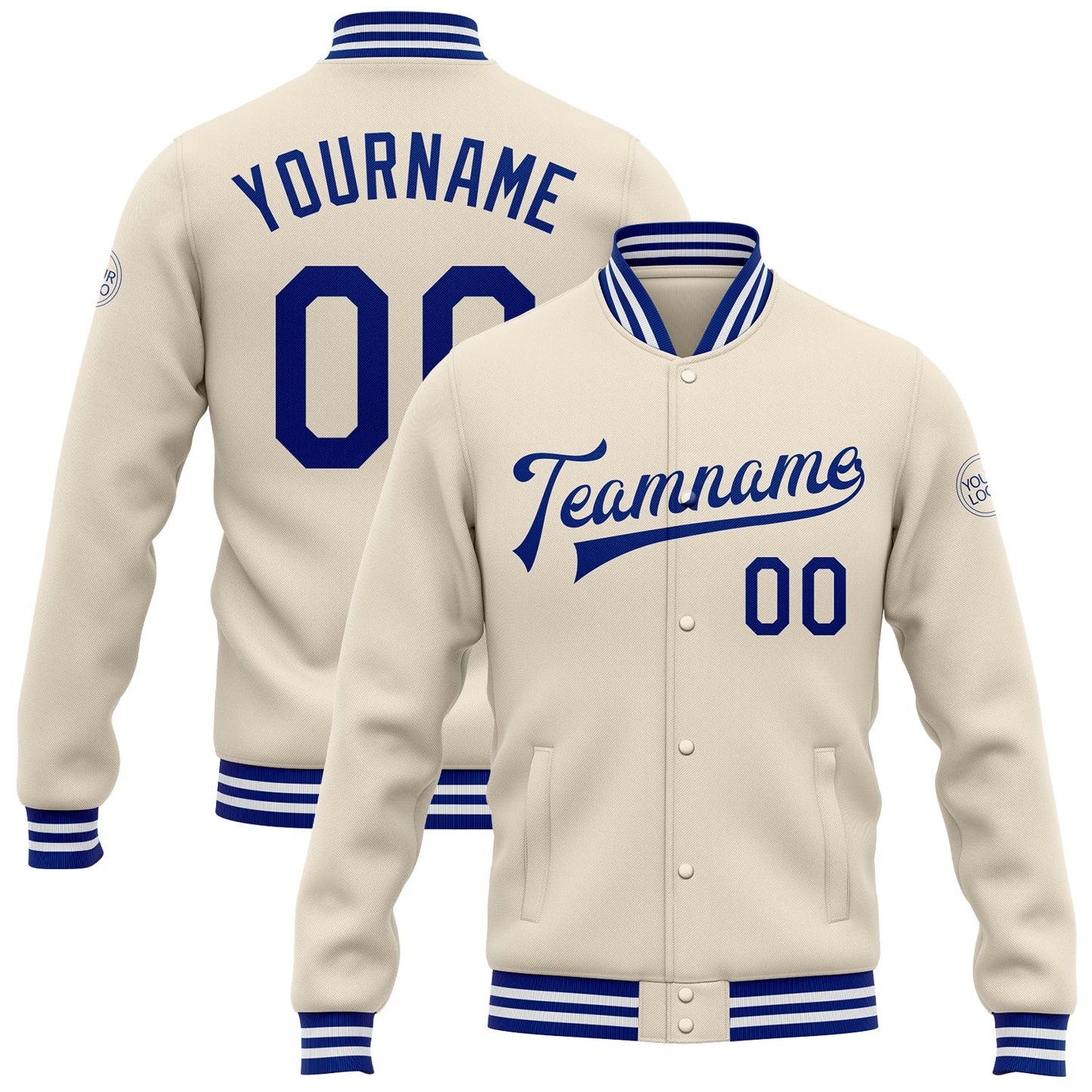 Custom Cream Royal-White Bomber Full-Snap Varsity Letterman Jacket - Main View