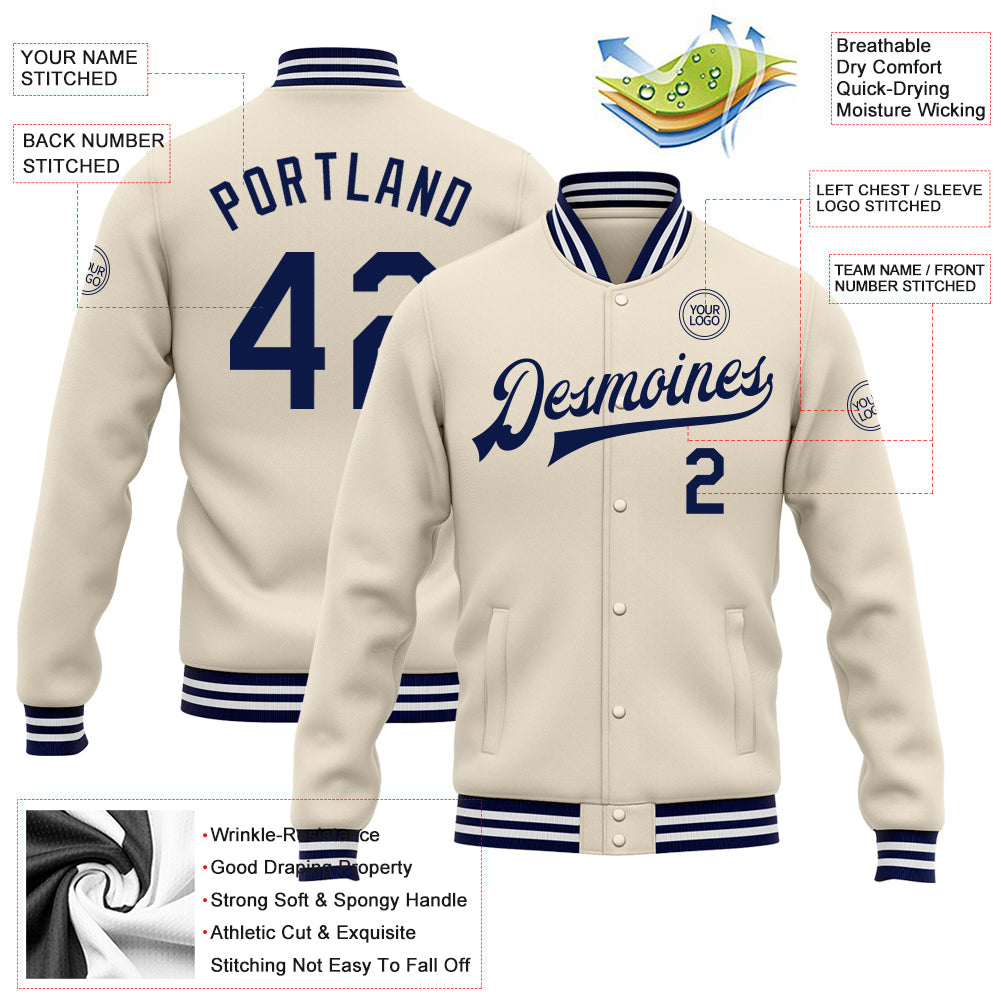 Custom Cream Navy-White Bomber Full-Snap Varsity Letterman Jacket view 5