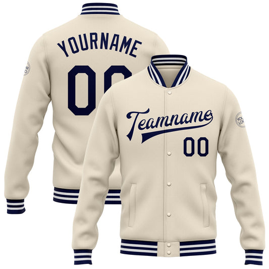 Custom Cream Navy-White Bomber Full-Snap Varsity Letterman Jacket - Main View