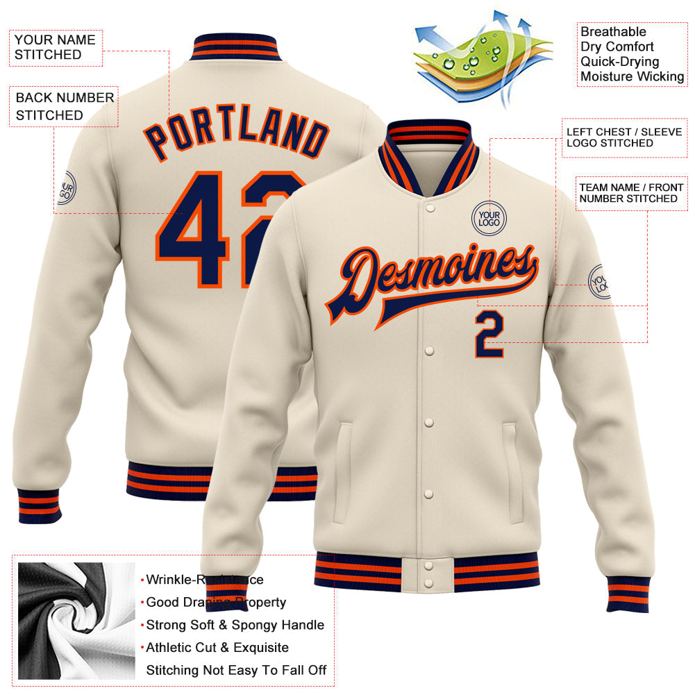 Custom Cream Navy-Orange Bomber Full-Snap Varsity Letterman Jacket view 5