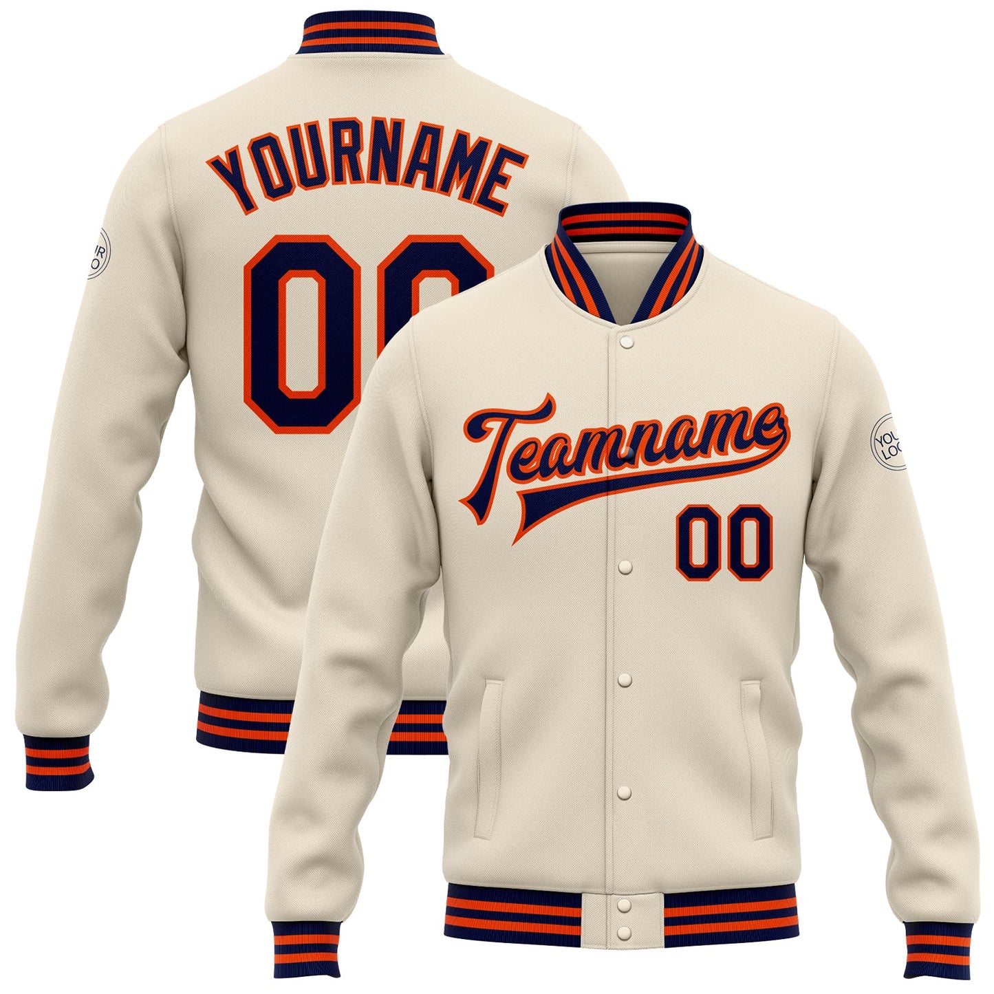 Custom Cream Navy-Orange Bomber Full-Snap Varsity Letterman Jacket - Main View