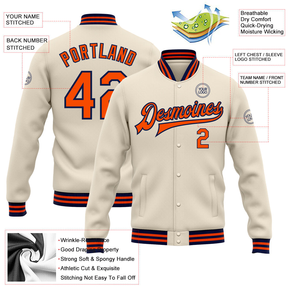 Custom Cream Orange-Navy Bomber Full-Snap Varsity Letterman Jacket view 5