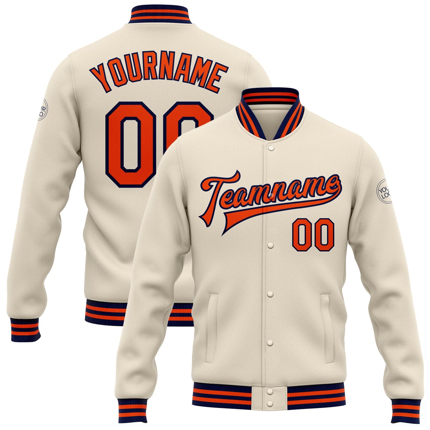 Custom Cream Orange-Navy Bomber Full-Snap Varsity Letterman Jacket - Main View