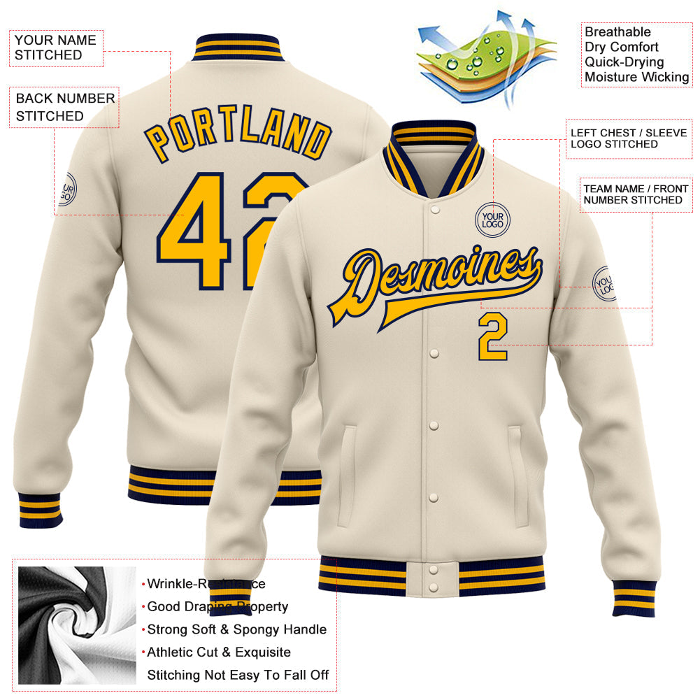 Custom Cream Gold-Navy Bomber Full-Snap Varsity Letterman Jacket view 5