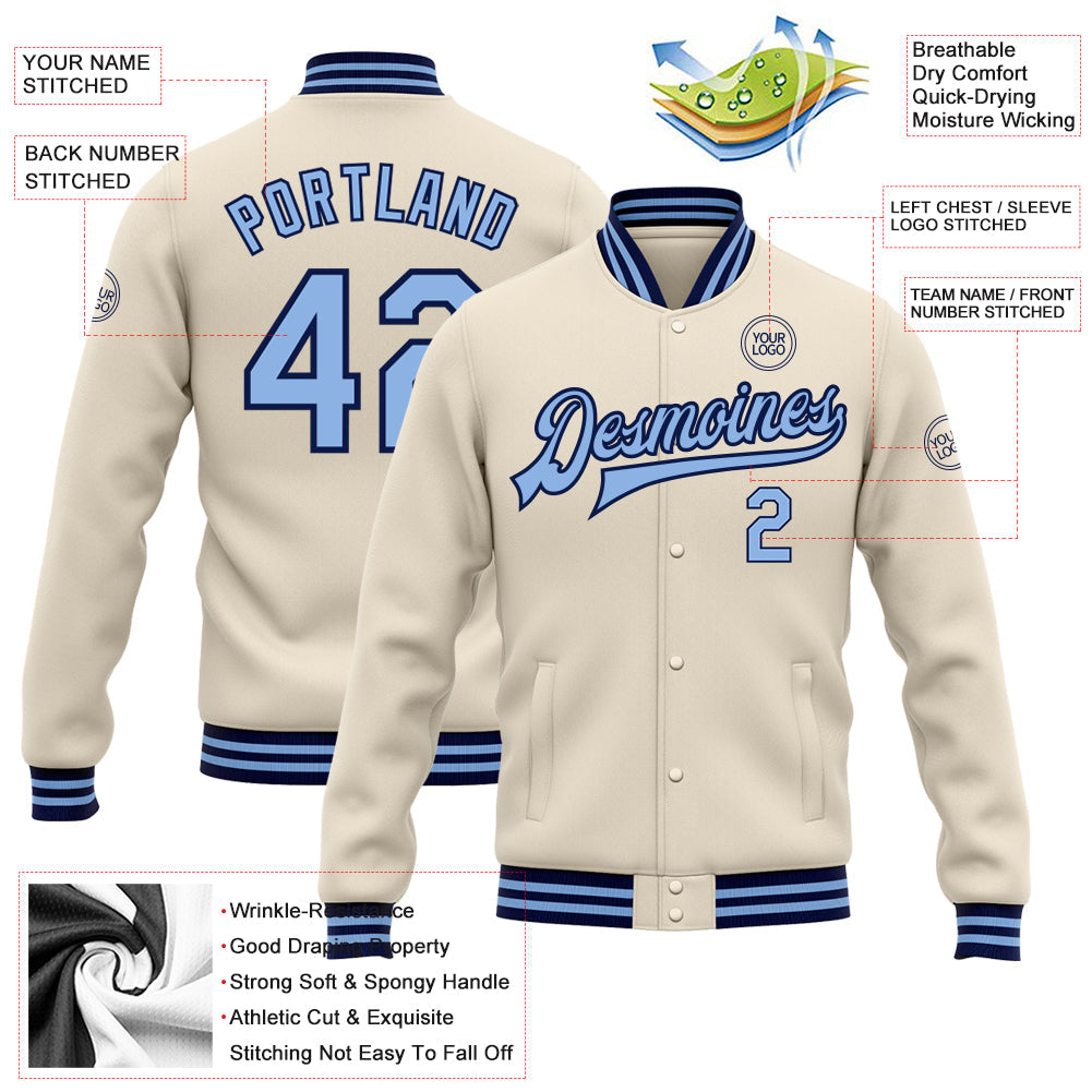 Custom Cream Light Blue-Navy Bomber Full-Snap Varsity Letterman Jacket view 5