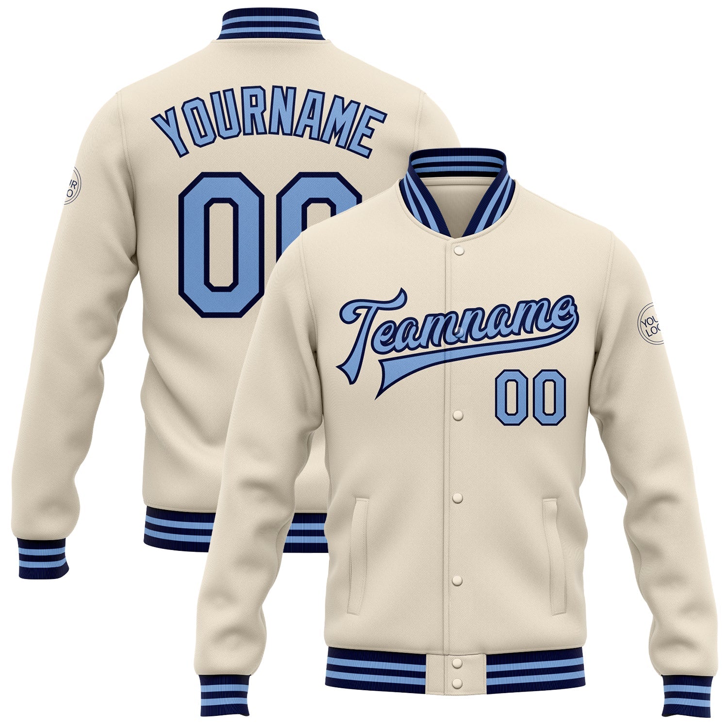 Custom Cream Light Blue-Navy Bomber Full-Snap Varsity Letterman Jacket - Main View
