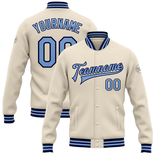 Custom Cream Light Blue-Navy Bomber Full-Snap Varsity Letterman Jacket - Main View