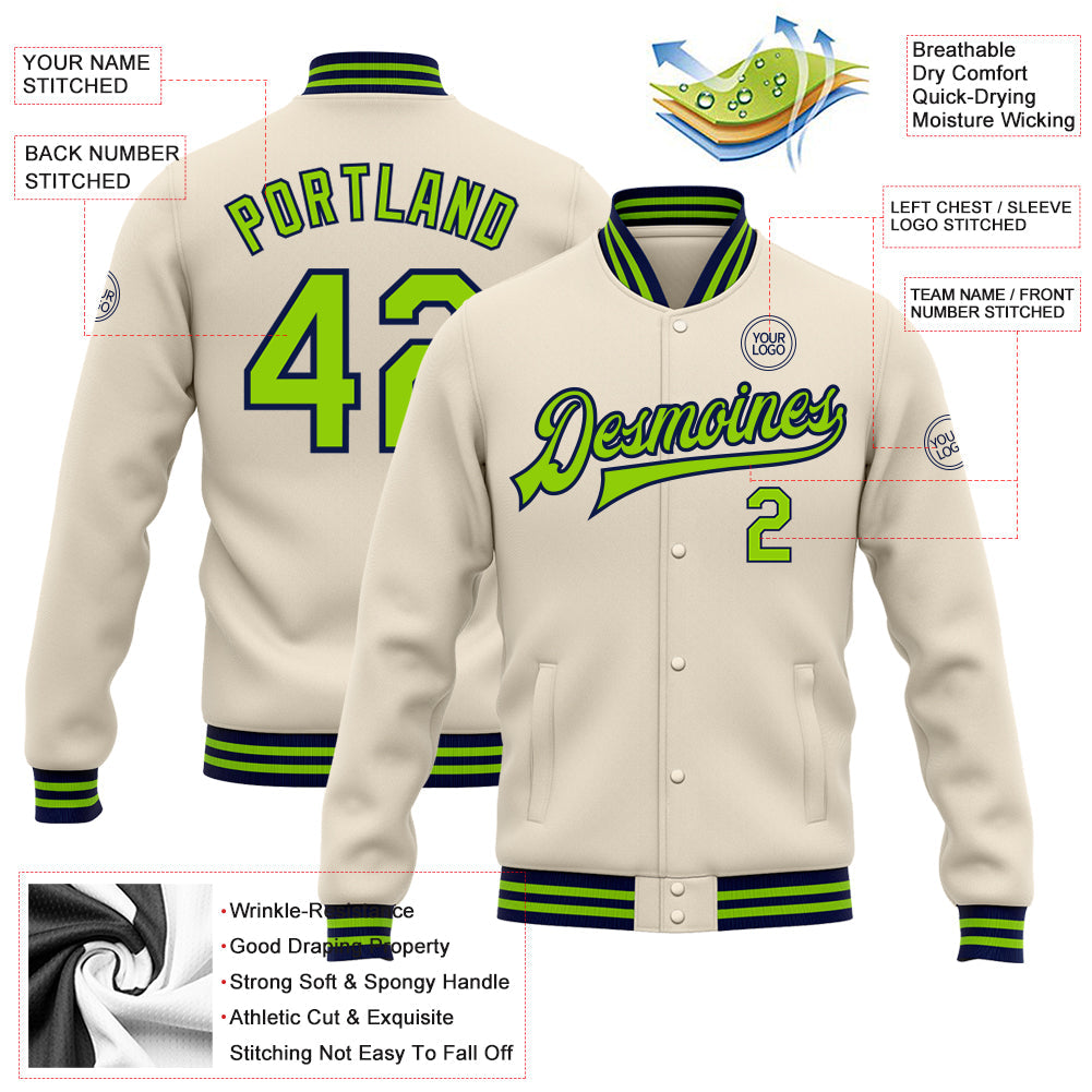 Custom Cream Neon Green-Navy Bomber Full-Snap Varsity Letterman Jacket view 5