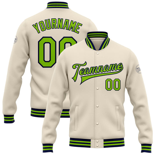 Custom Cream Neon Green-Navy Bomber Full-Snap Varsity Letterman Jacket - Main View