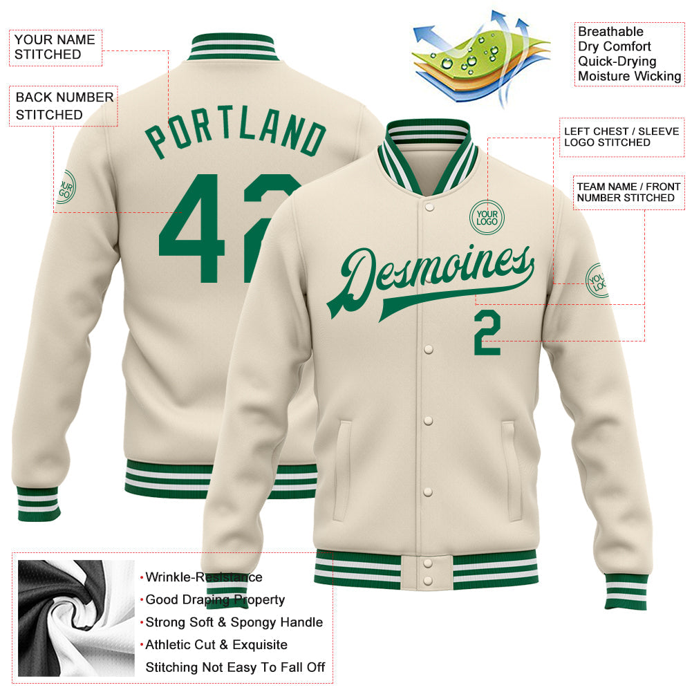Custom Cream Kelly Green-White Bomber Full-Snap Varsity Letterman Jacket view 5
