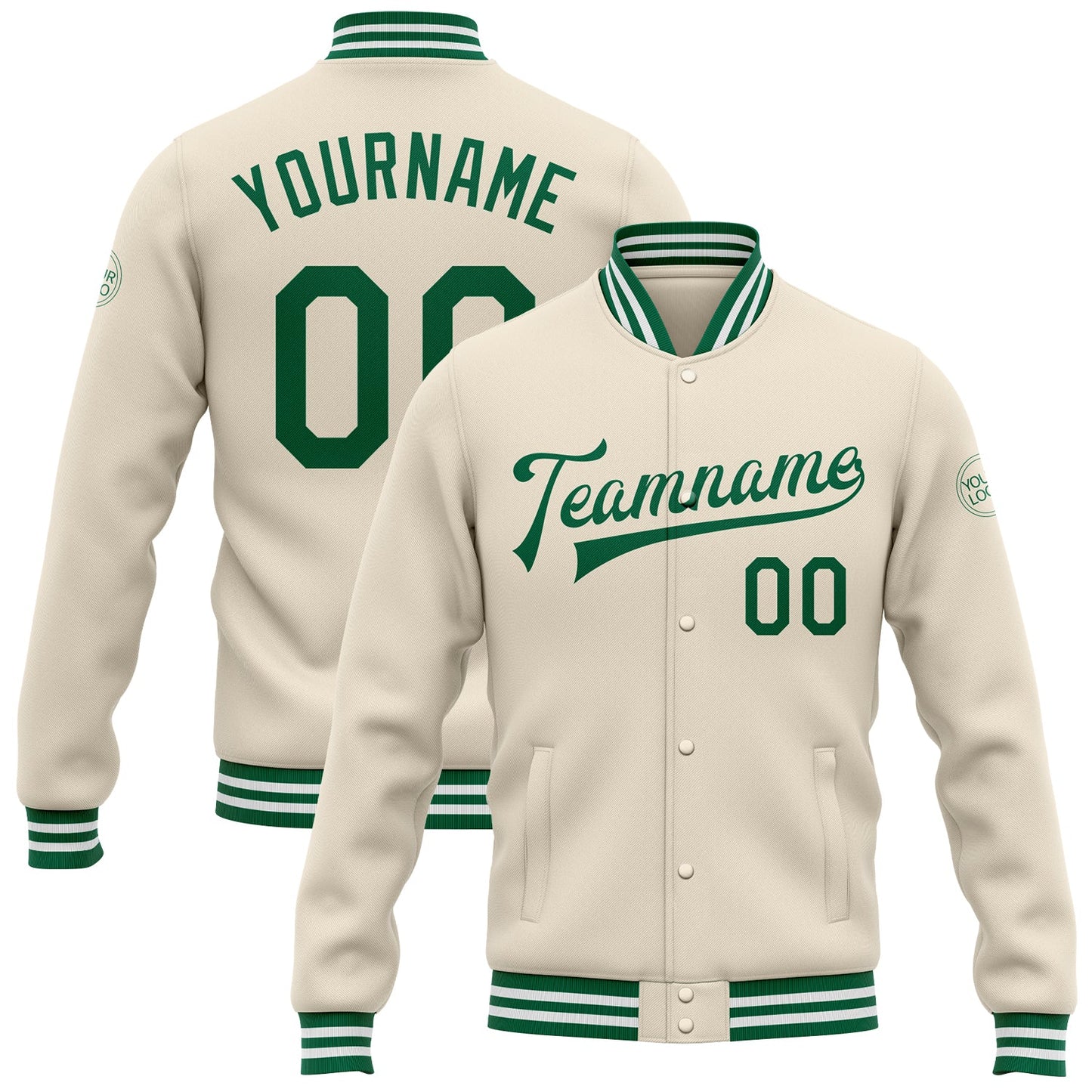 Custom Cream Kelly Green-White Bomber Full-Snap Varsity Letterman Jacket - Main View