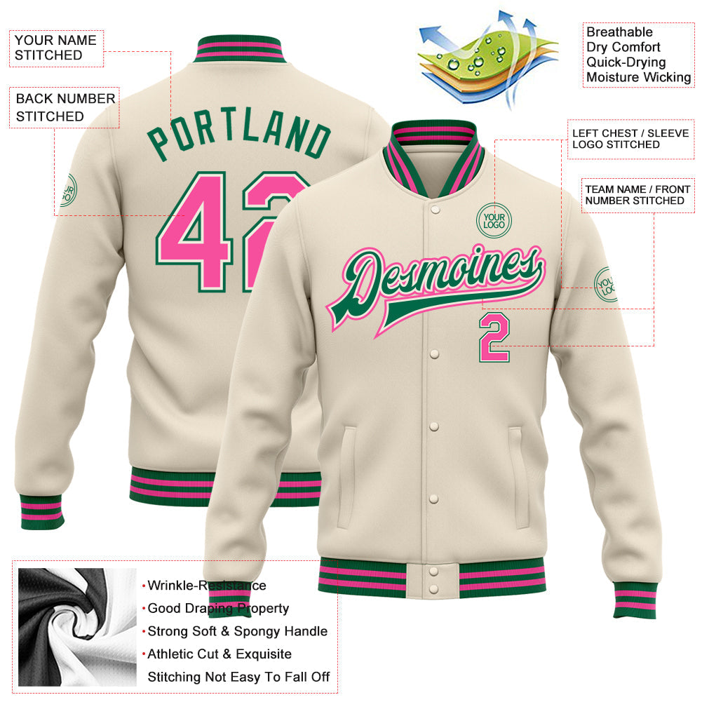 Custom Cream Pink-Kelly Green Bomber Full-Snap Varsity Letterman Jacket view 5