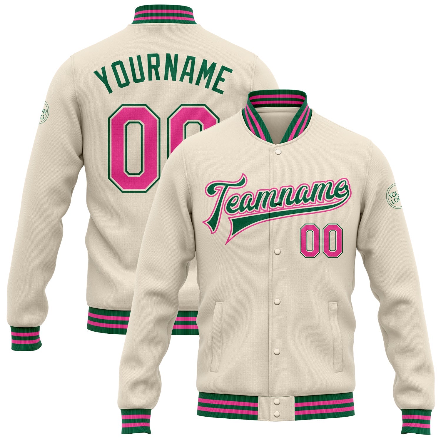 Custom Cream Pink-Kelly Green Bomber Full-Snap Varsity Letterman Jacket - Main View