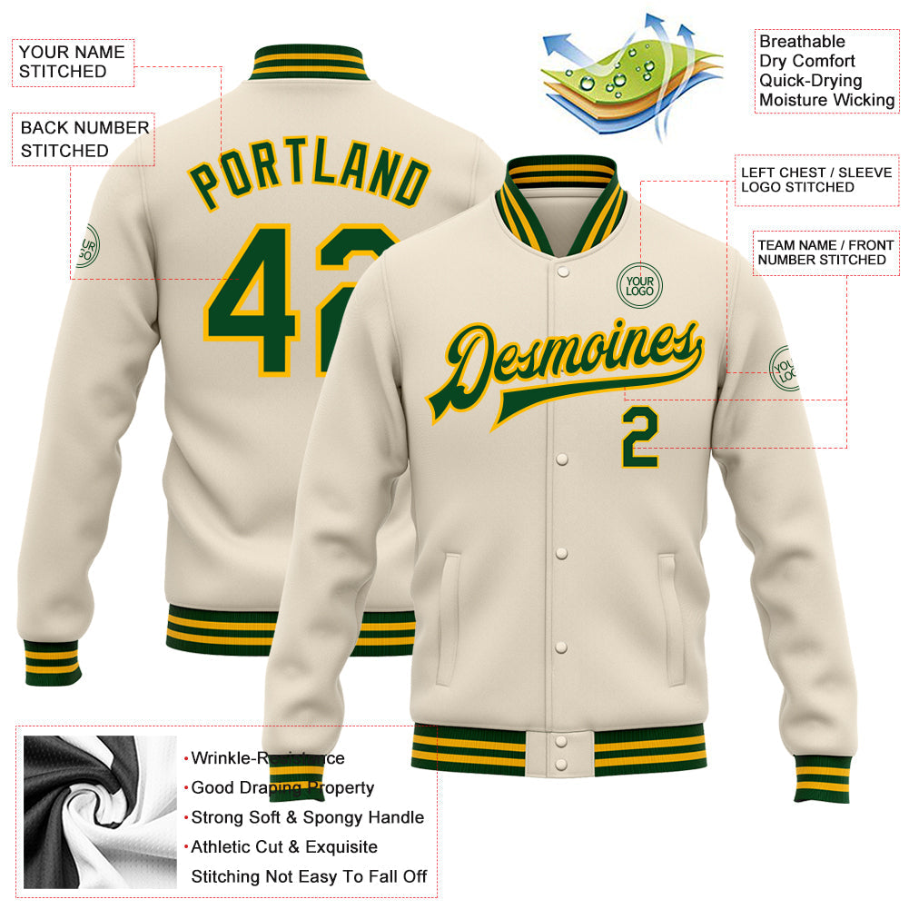 Custom Cream Green-Gold Bomber Full-Snap Varsity Letterman Jacket view 5