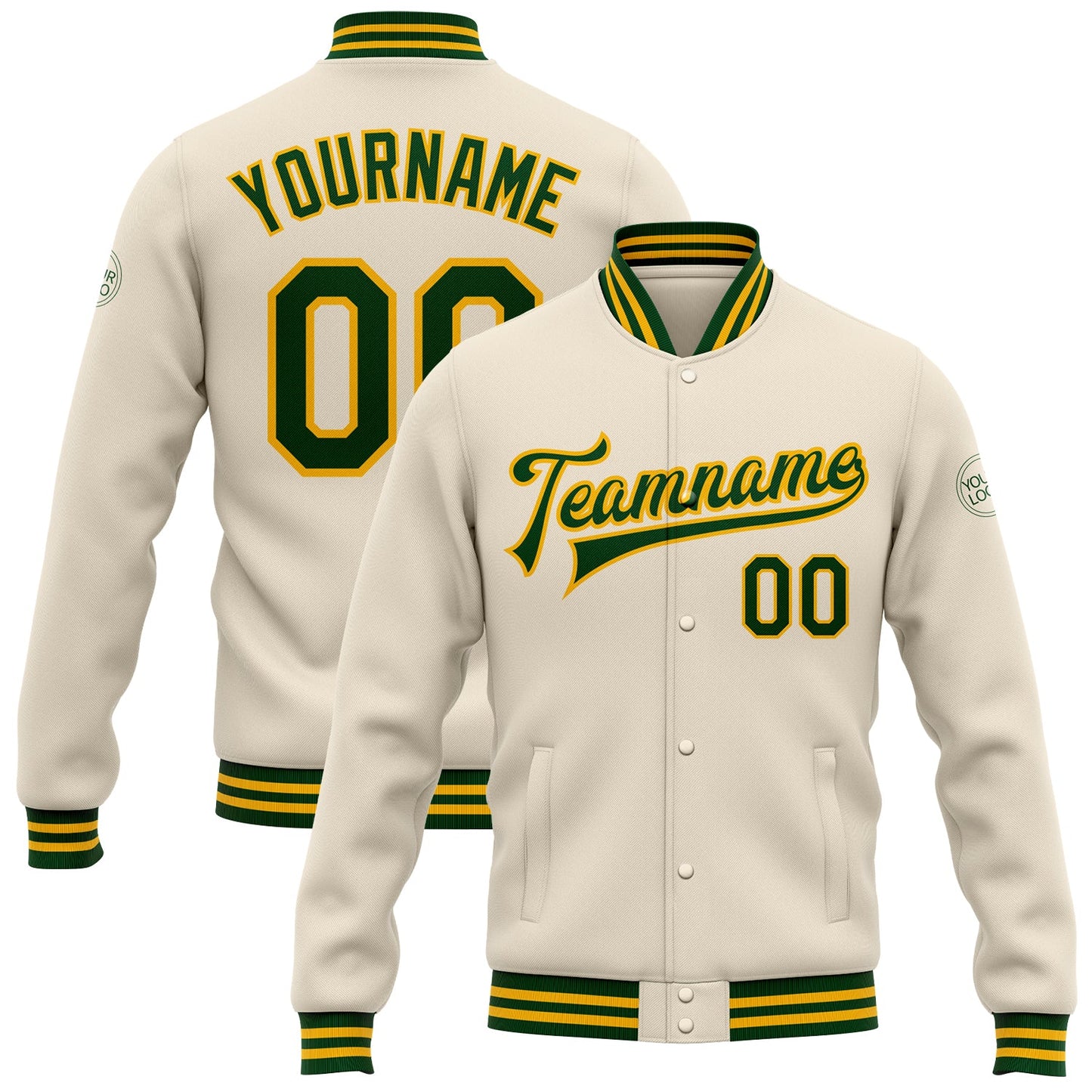 Custom Cream Green-Gold Bomber Full-Snap Varsity Letterman Jacket - Main View