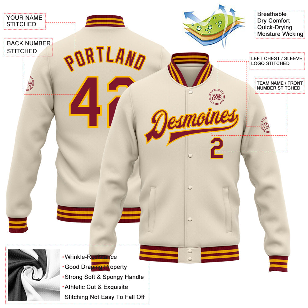 Custom Cream Crimson-Gold Bomber Full-Snap Varsity Letterman Jacket view 5
