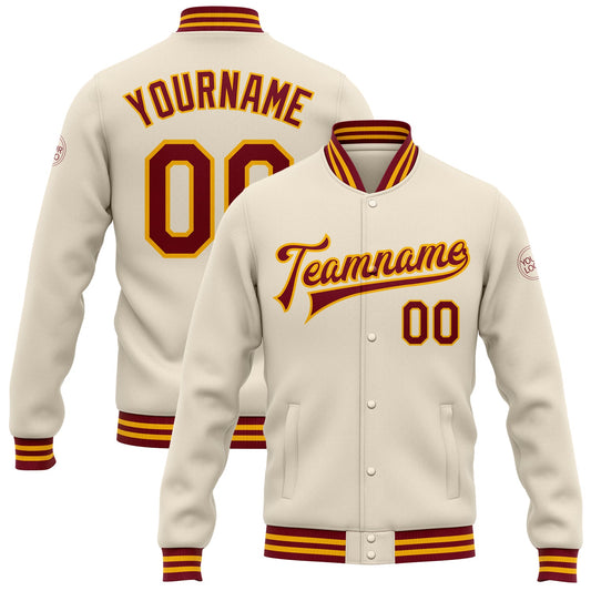 Custom Cream Crimson-Gold Bomber Full-Snap Varsity Letterman Jacket - Main View