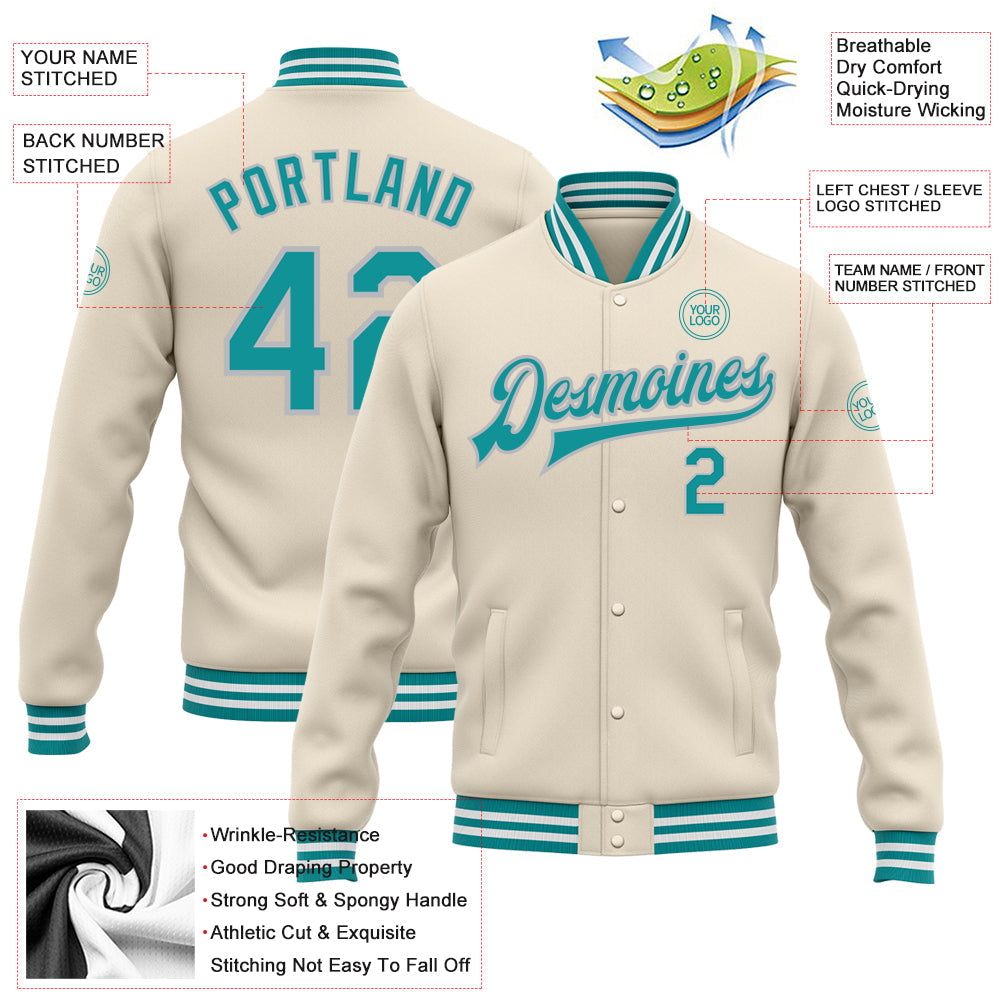 Custom Cream Teal-Gray Bomber Full-Snap Varsity Letterman Jacket view 5