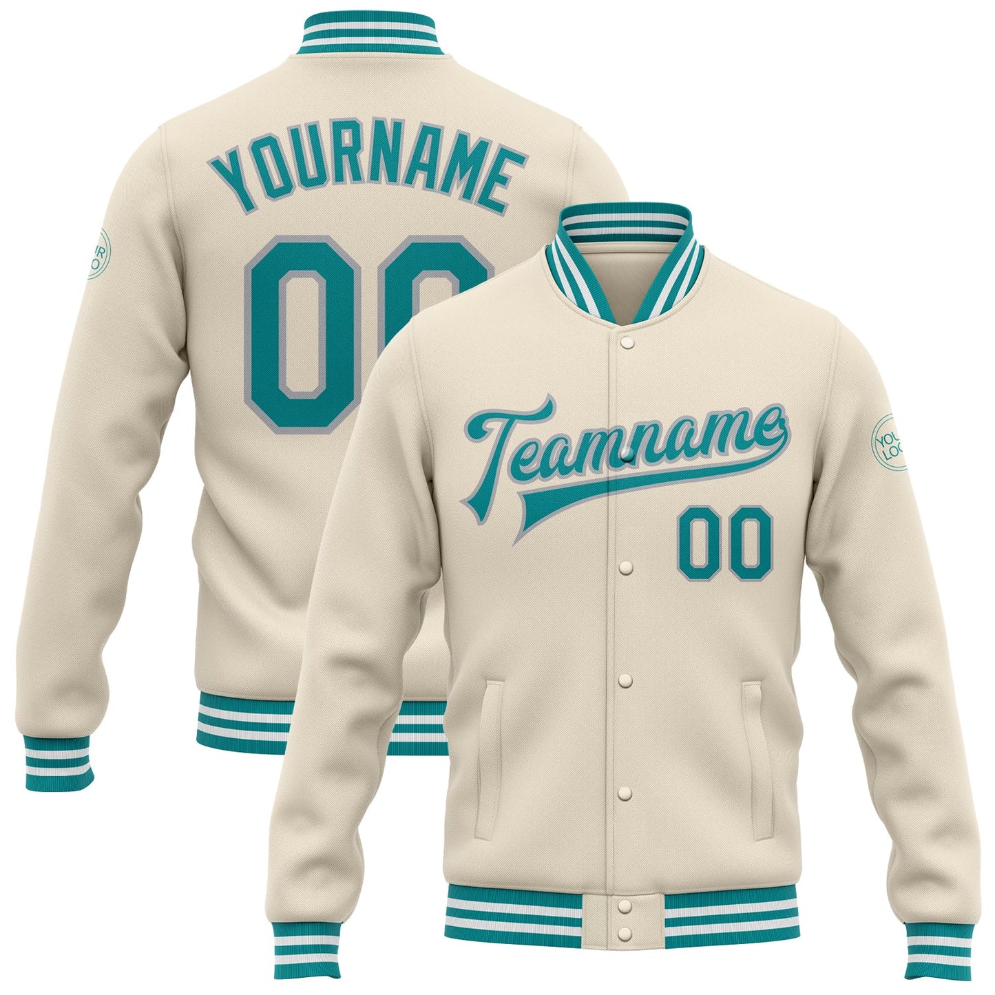 Custom Cream Teal-Gray Bomber Full-Snap Varsity Letterman Jacket - Main View