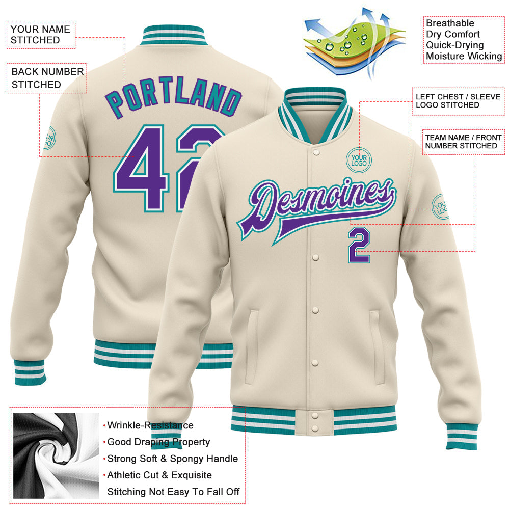 Custom Cream Purple-Teal Bomber Full-Snap Varsity Letterman Jacket view 5