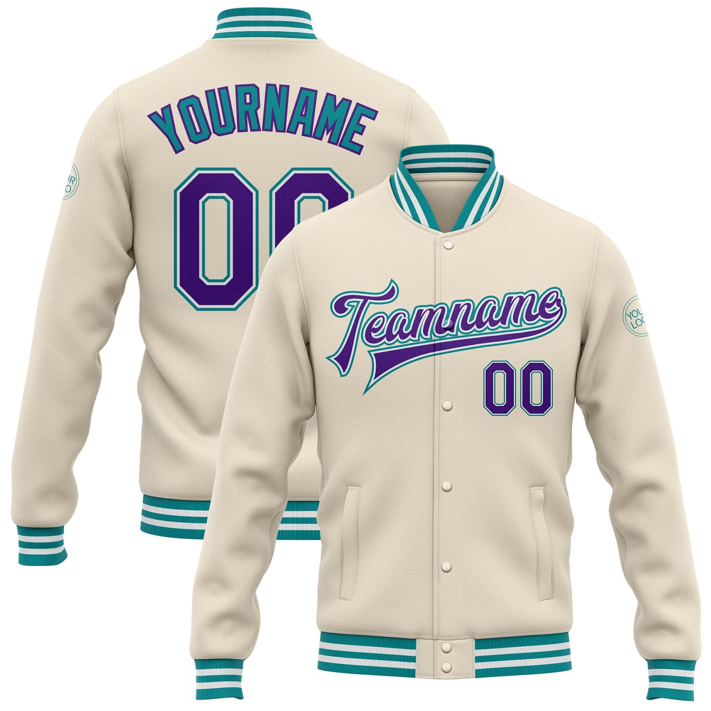 Custom Cream Purple-Teal Bomber Full-Snap Varsity Letterman Jacket - Main View