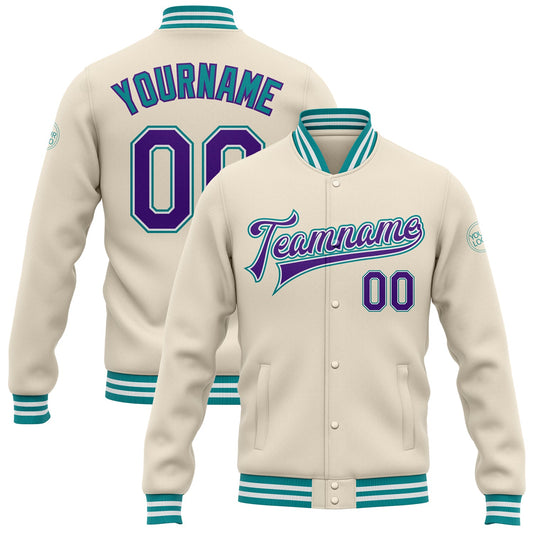 Custom Cream Purple-Teal Bomber Full-Snap Varsity Letterman Jacket - Main View