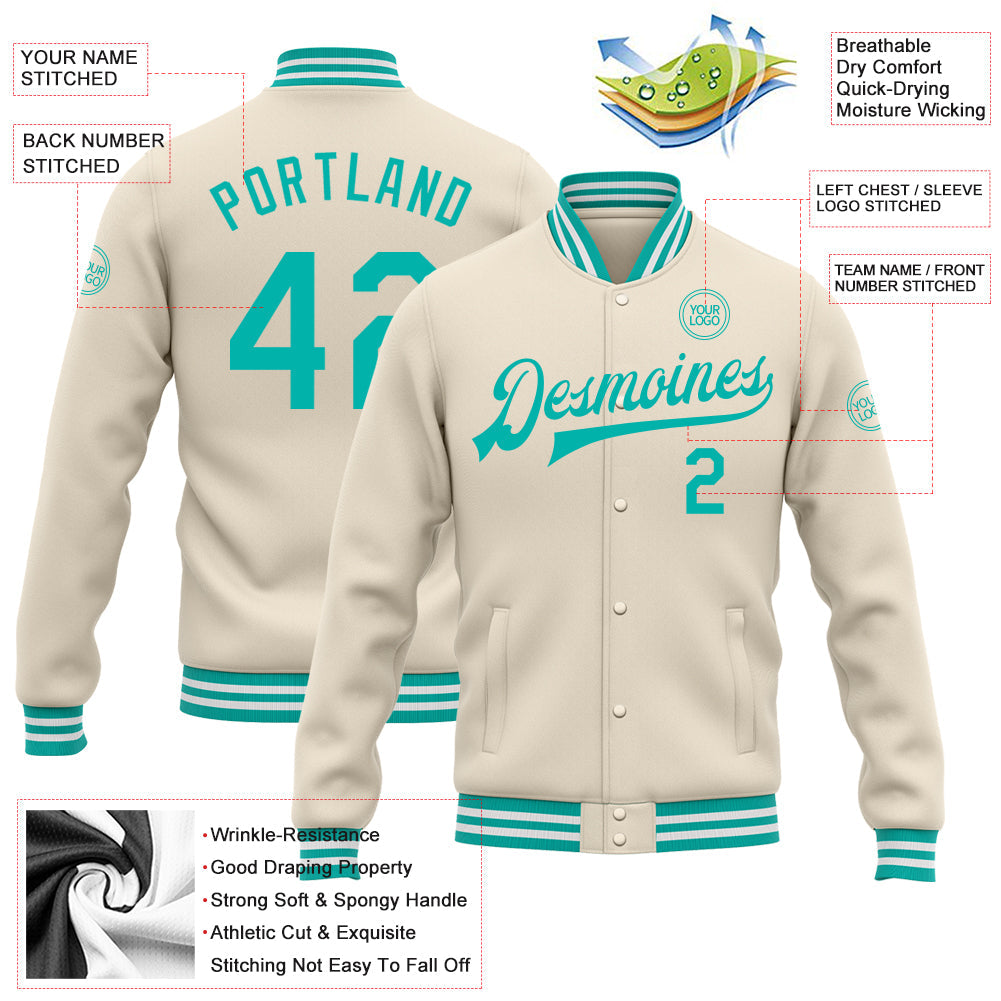 Custom Cream Aqua-White Bomber Full-Snap Varsity Letterman Jacket view 5