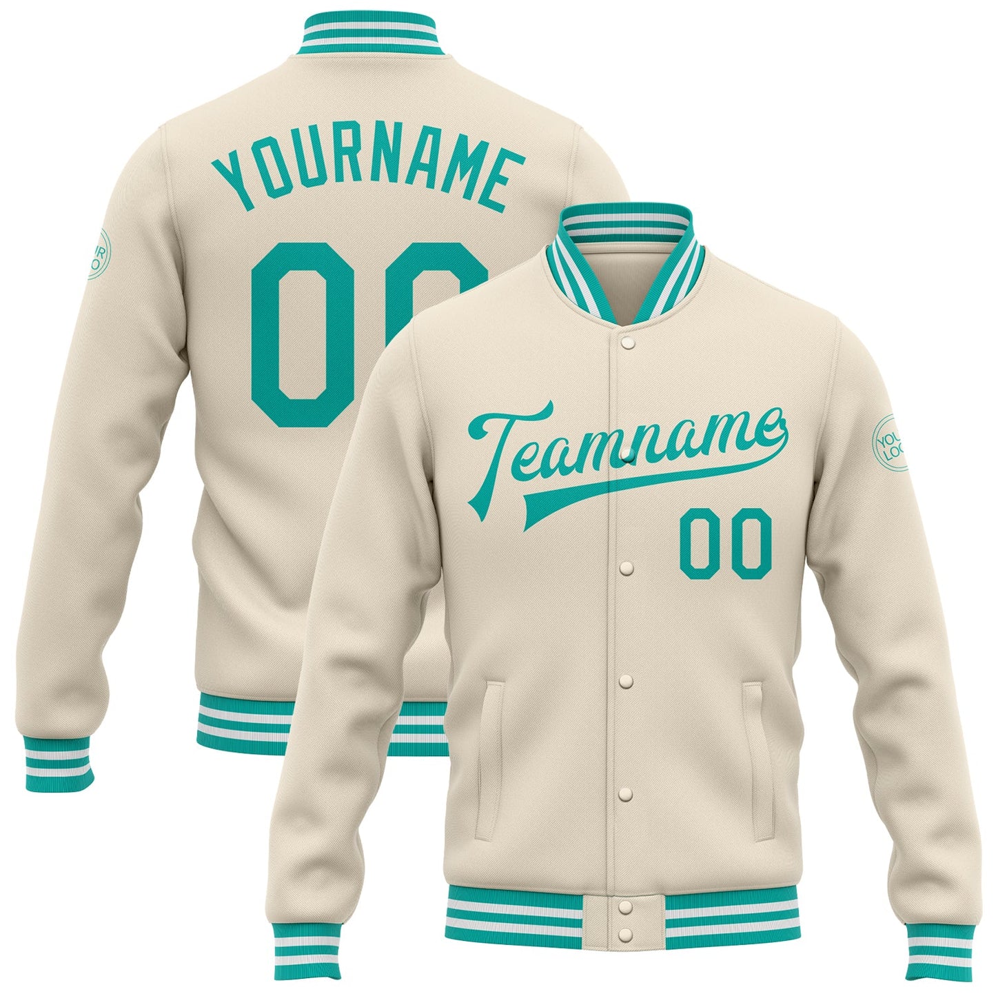 Custom Cream Aqua-White Bomber Full-Snap Varsity Letterman Jacket - Main View