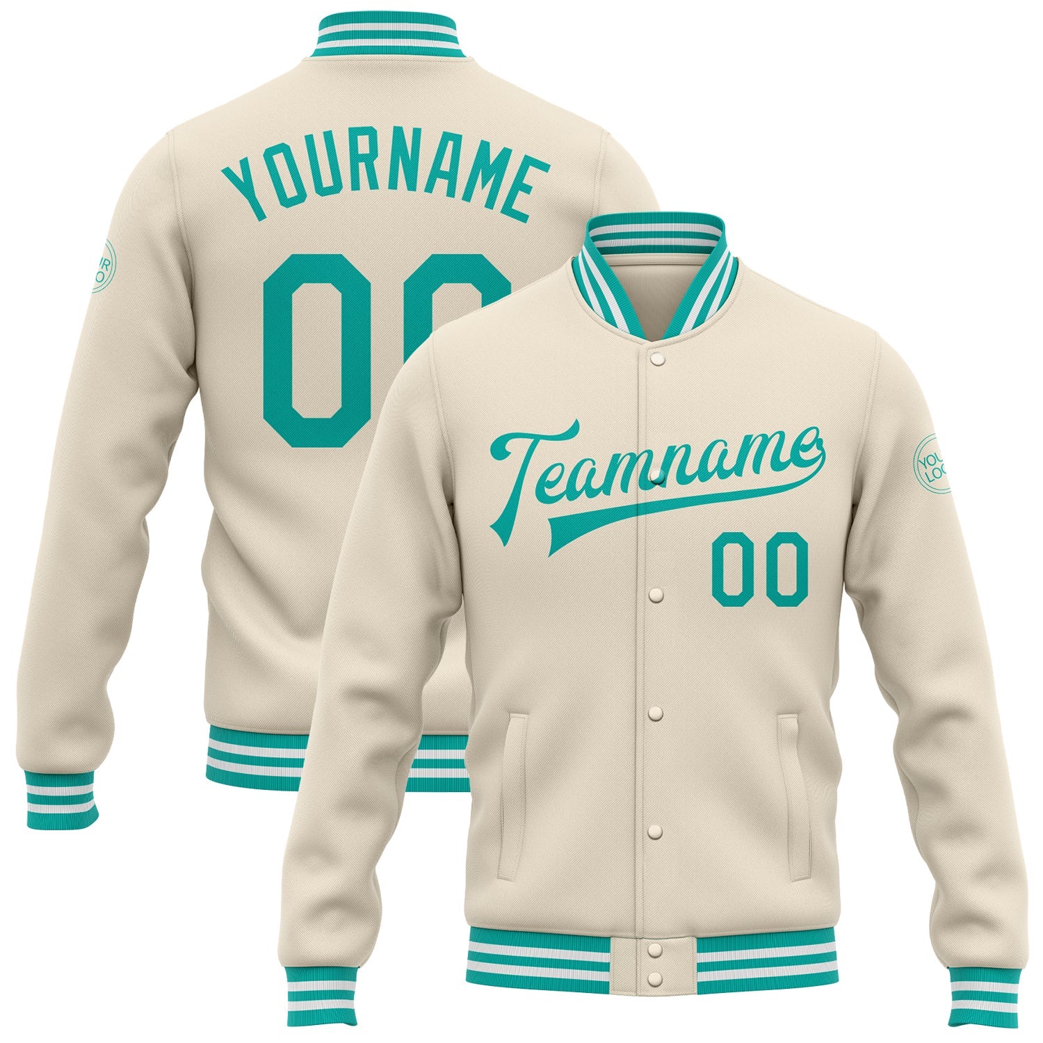 Custom Cream Aqua-White Bomber Full-Snap Varsity Letterman Jacket - Main View