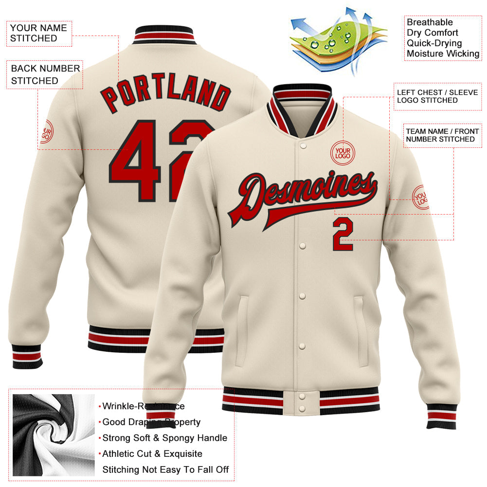 Custom Cream Red-Black Bomber Full-Snap Varsity Letterman Jacket view 5