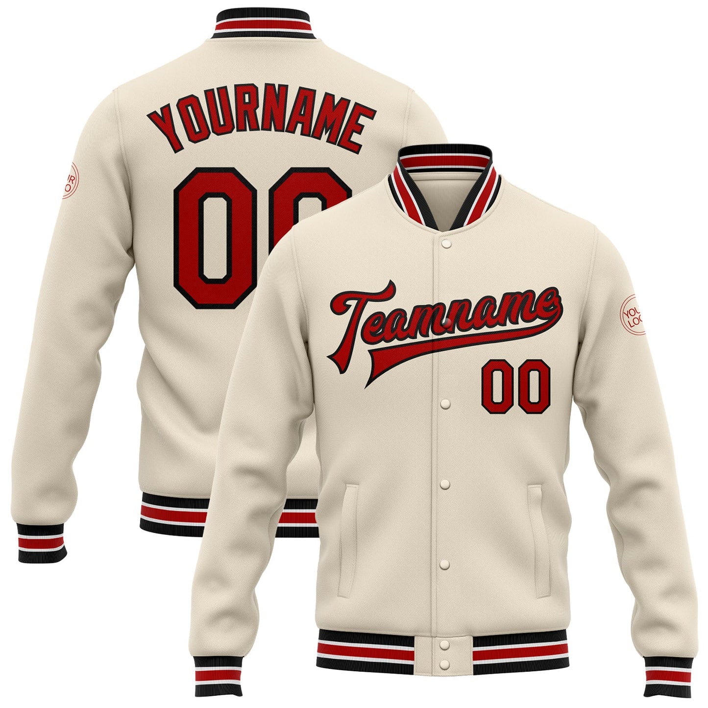 Custom Cream Red-Black Bomber Full-Snap Varsity Letterman Jacket - Main View