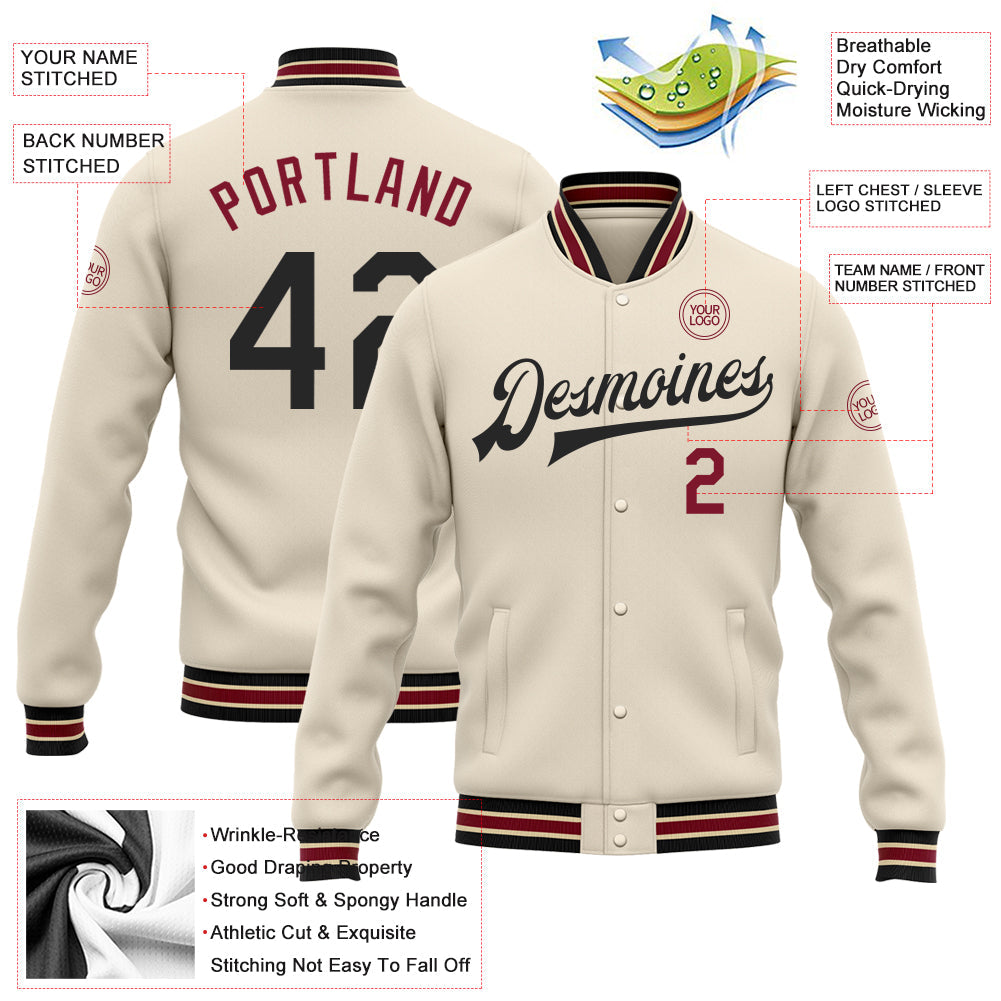 Custom Cream Black Crimson-City Cream Bomber Full-Snap Varsity Letterman Jacket view 5