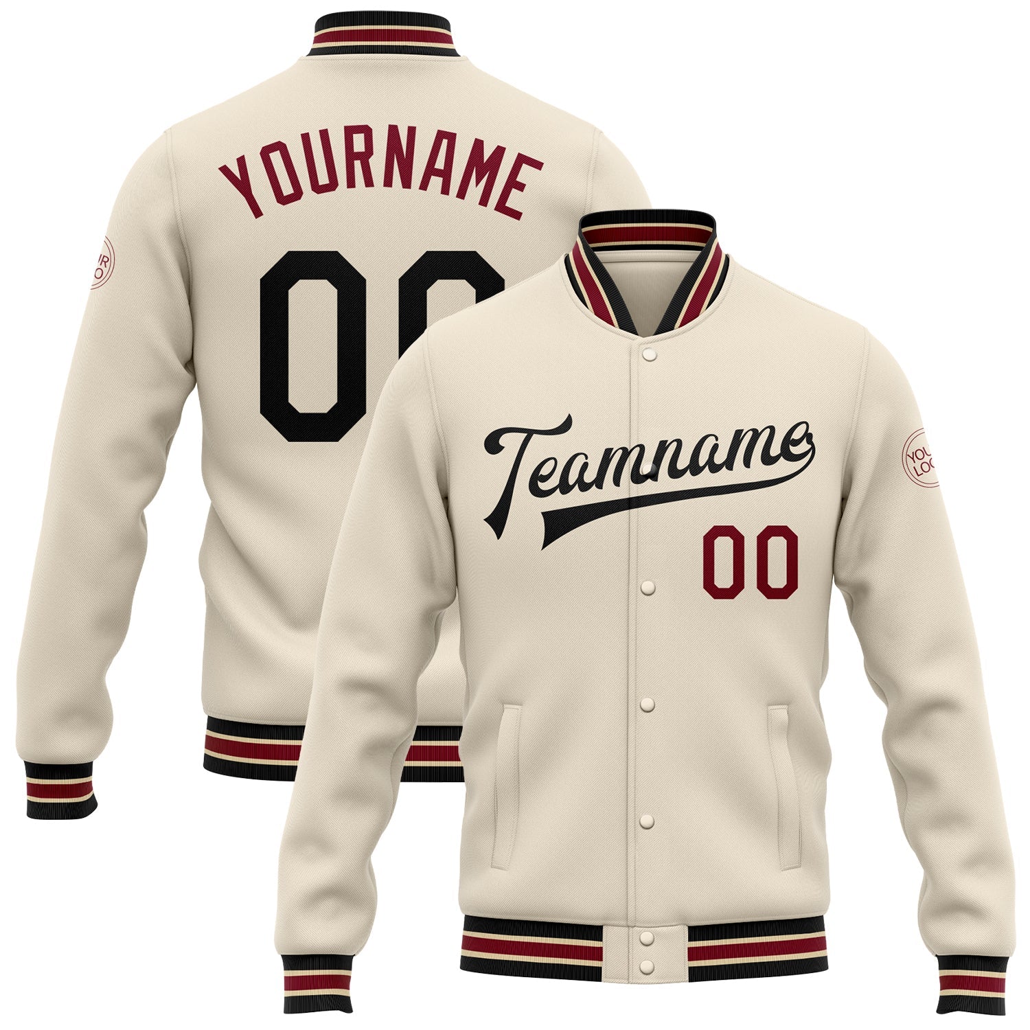 Custom Cream Black Crimson-City Cream Bomber Full-Snap Varsity Letterman Jacket - Main View
