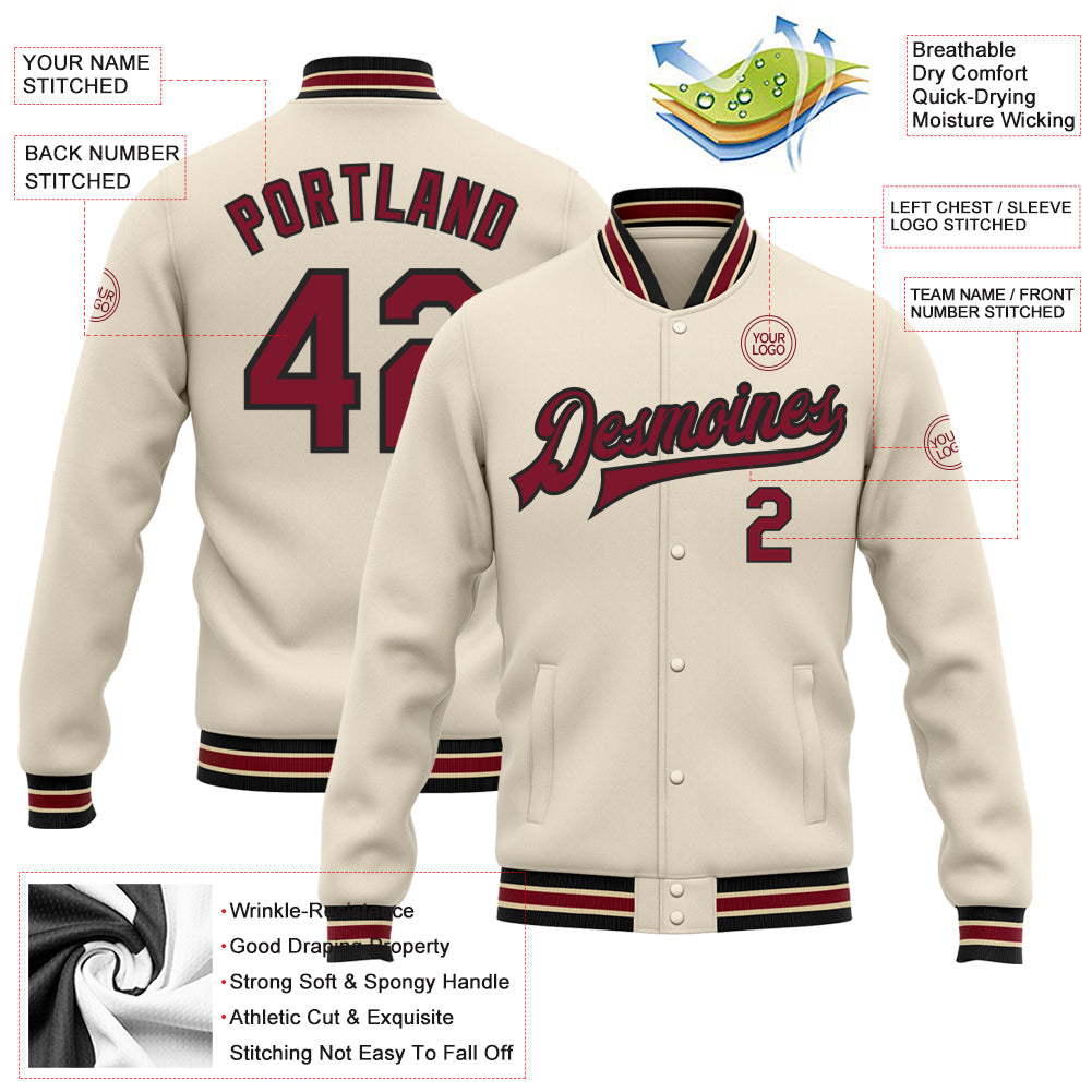 Custom Cream Crimson Black-City Cream Bomber Full-Snap Varsity Letterman Jacket view 5