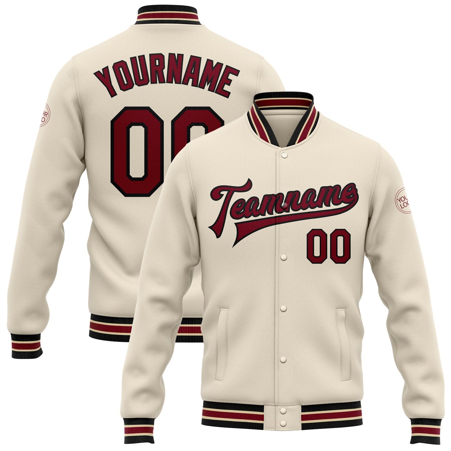 Custom Cream Crimson Black-City Cream Bomber Full-Snap Varsity Letterman Jacket - Main View