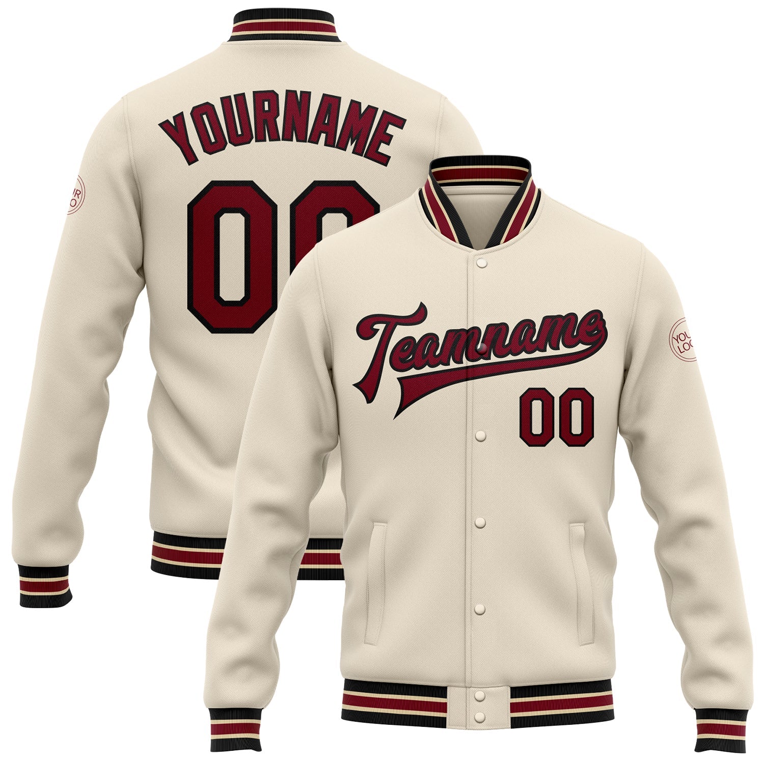 Custom Cream Crimson Black-City Cream Bomber Full-Snap Varsity Letterman Jacket - Main View