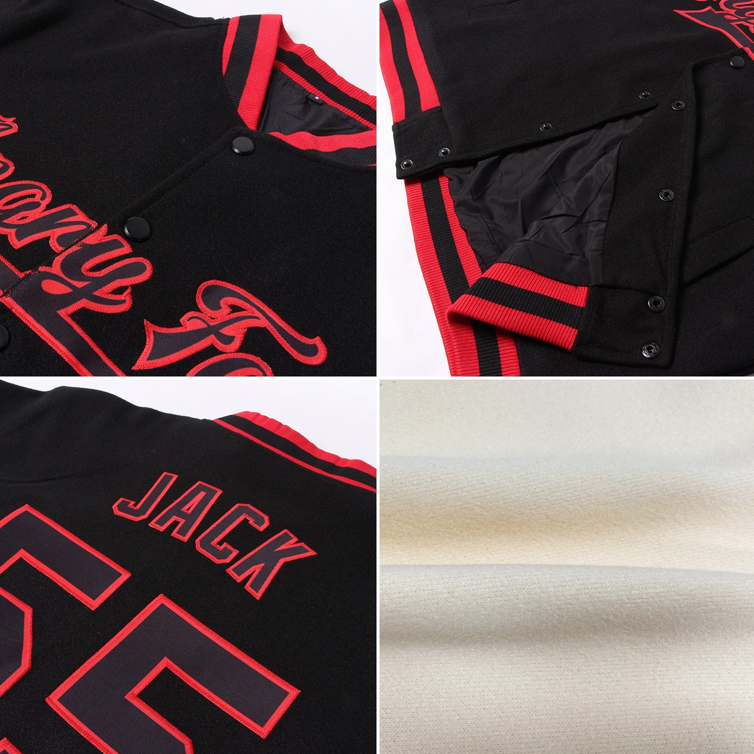 Custom Cream Navy-Red Bomber Full-Snap Varsity Letterman Jacket view 4