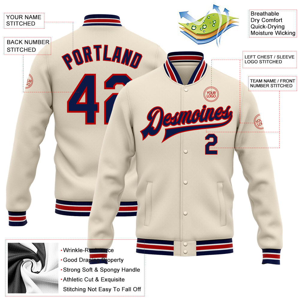 Custom Cream Navy-Red Bomber Full-Snap Varsity Letterman Jacket view 5