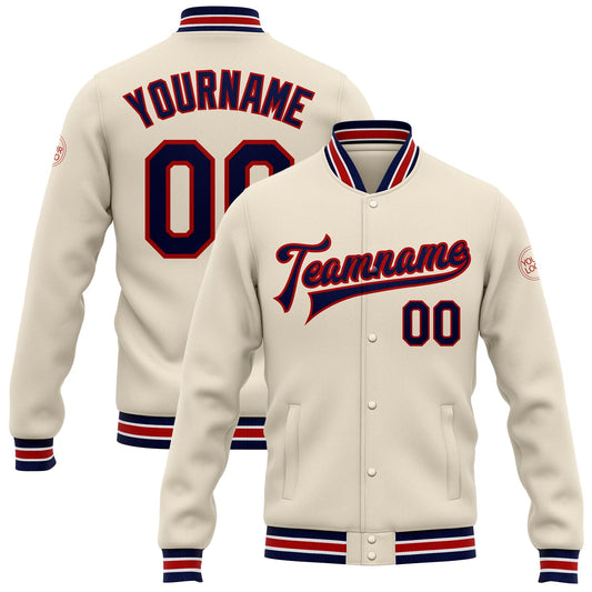 Custom Cream Navy-Red Bomber Full-Snap Varsity Letterman Jacket - Main View