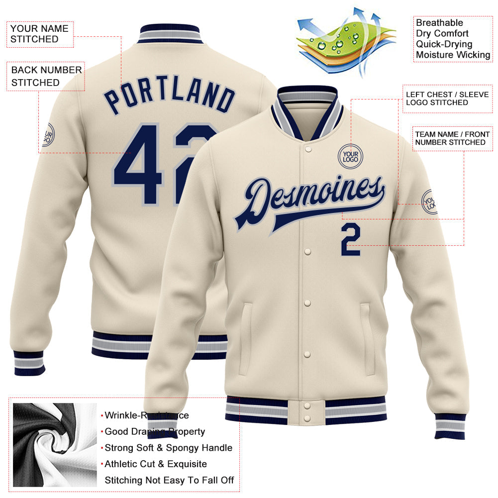 Custom Cream Navy-Gray Bomber Full-Snap Varsity Letterman Jacket view 5