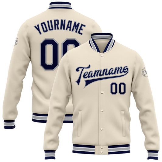 Custom Cream Navy-Gray Bomber Full-Snap Varsity Letterman Jacket - Main View